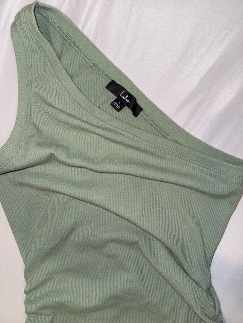 Lulu's One-Shoulder Sage Green Ribbed Tank Ruched Short Dress Size Large - Picture 6 of 16